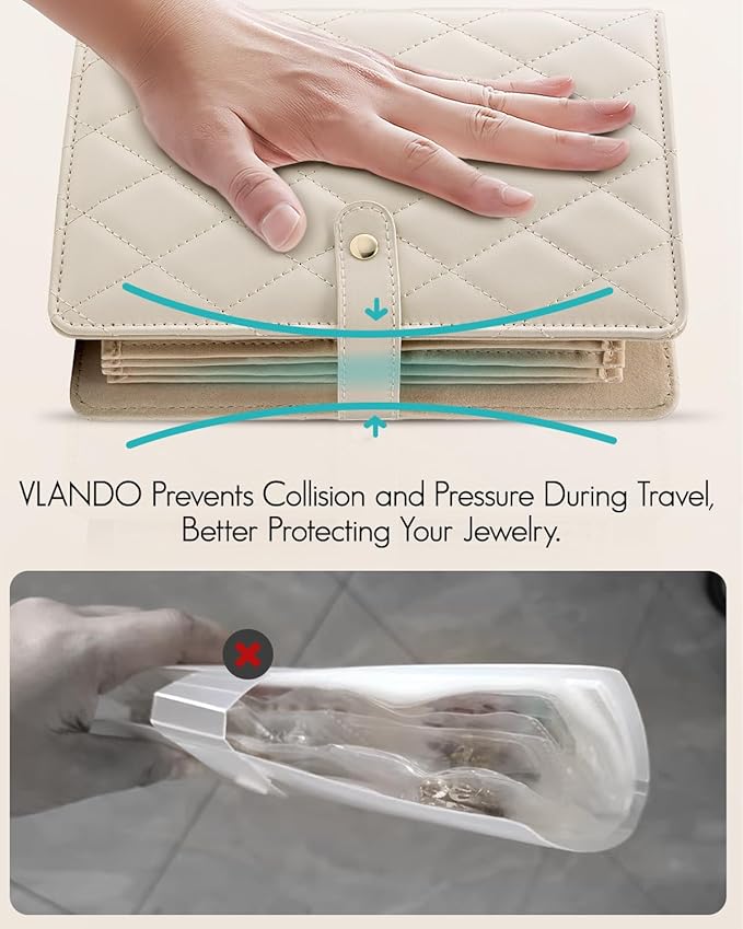 Vlando Travel Jewelry Organizer Case,Valentines Gift,Jewelry Storage Book Ring Binder with Clear Zipper Velvet Jewelry Pouches Bags for Rings,Necklace,Earrings-Cream White