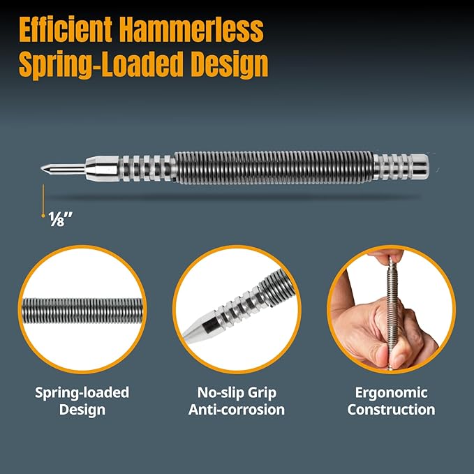 POWERTEC Hammerless Single Ended 1/8" Center Punch, Spring Loaded Nail Punch Tool, 5000 PSI Striking Force, 1PK (71938)