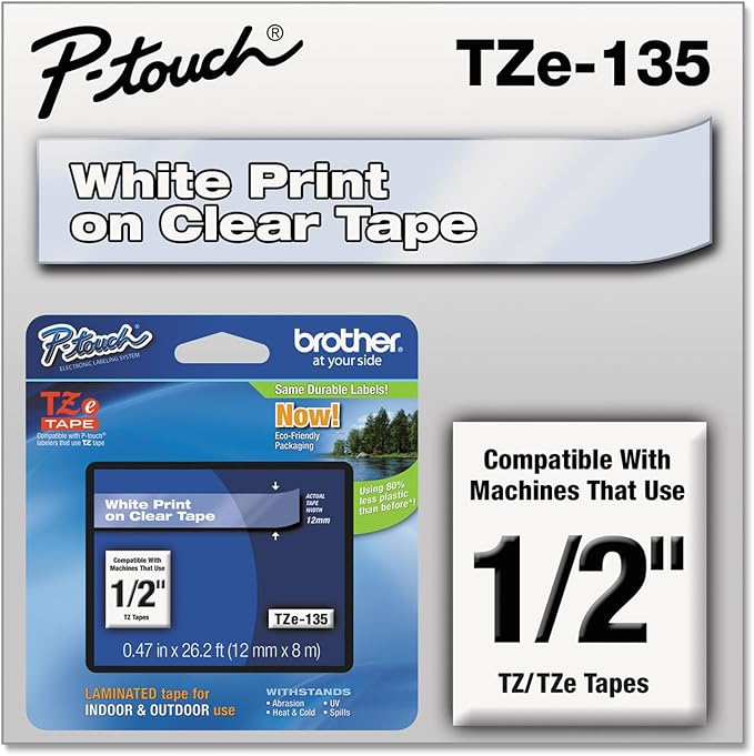 Brother TZE135 TZe Standard Adhesive Laminated Labeling Tape, 1/2-Inch w, White on Clear