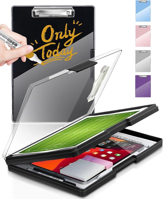 Clearview Clipboard with 2 Storage, Dry Erase 8.5x11 Heavy Duty ClipBoards - High Capacity Coaches Clip Board with Pen Holder - Side Opening Plastic Nursing Clip Case - Black