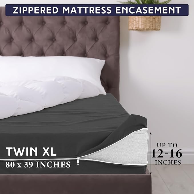 Zippered Mattress Fitted Protector Deep Mattress Encasement Soft Zipper Fitted Sheet Microfiber Bed Sheet Cover for Bed (Dark Gray,Twin XL,12-16in)