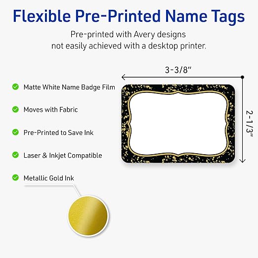 Avery Printable Adhesive Name Badges, 2-1/3" x 3-3/8", Pre-Printed Black Border with Metallic Gold Specs Design, Matte White, Laser & Inkjet Compatible, 80 Total