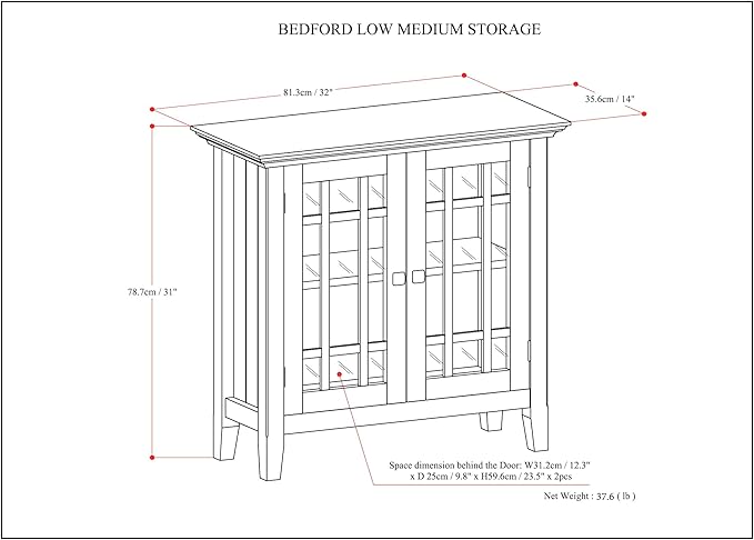 SIMPLIHOME Bedford Storage Cabinet - 32 inch Wide Solid Wood Low Media Cabinet in Farmhouse Grey, Transitional Console for Living Room, Entryway, or Dining Room with Glass Doors and Adjustable Shelves