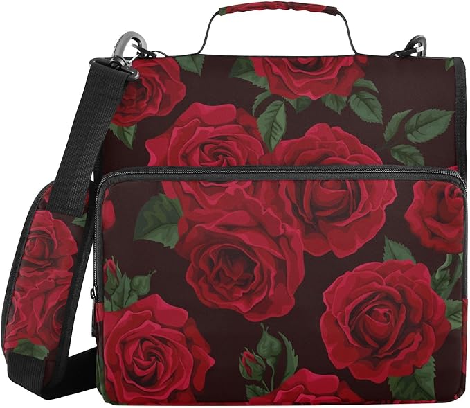 Red Rose Black Roses Zipper Binder Bag 3 Ring Binder with Shoulder Strap Zip Up 500 Sheets Capacity Multi Pockets for School Office Supplies