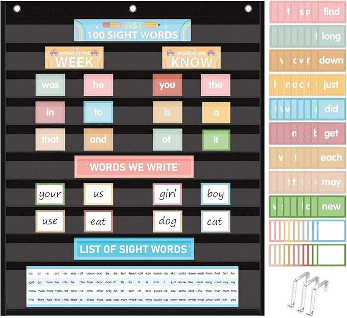 Sight Words Pocket Chart Cards,First 100 Sight Words Flash Cards with Interactive Pocket Chart,25.8"x30.7" Classroom Pocket Chart for Sentence Strips, Vocabulary, Spelling for Home School Use (Black)