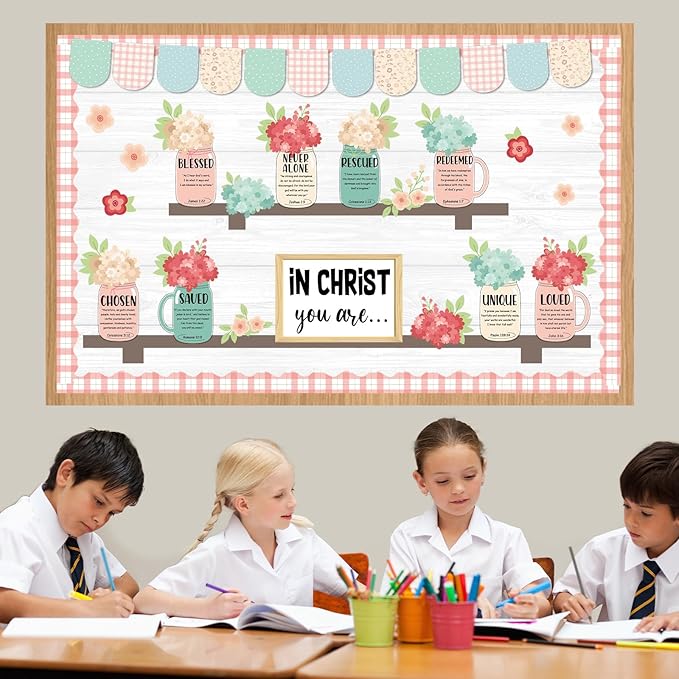 Spring Christian Religious Bulletin Board Set Christian Floral Classroom Decorations Colored Flowers and Vases Bookshelf Paper Cutouts for Sunday School Church Office Home Chalkboard Wall Door Decor