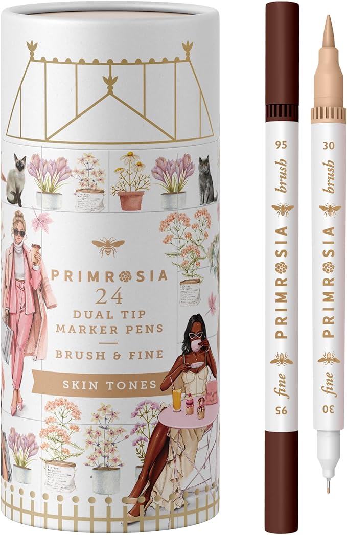 Primrosia 24 Skin Tones Dual Tip Marker Pens, Hair and Portrait Watercolor Sketch Set – Fine and Brush Ends, Art Supplies for Coloring, Sketching and Drawing