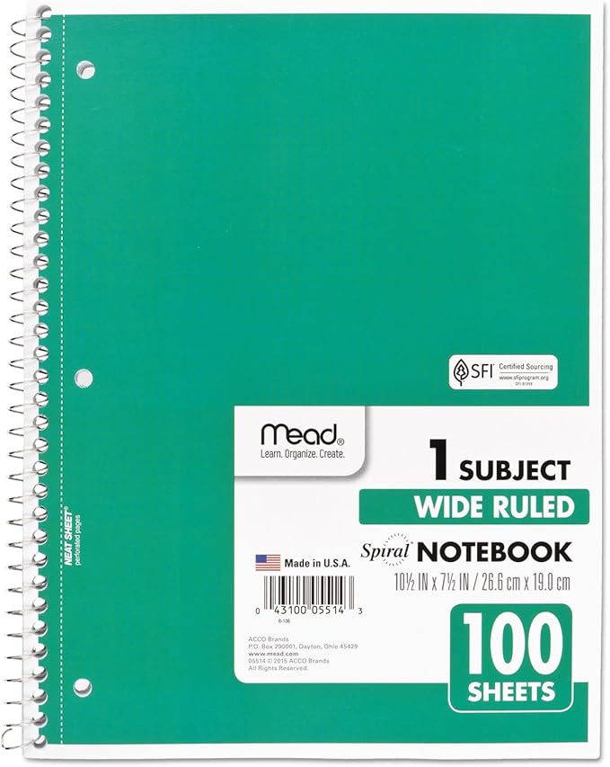 Mead Spiral Notebook, 1 Subject, Wide Ruled Paper, 100 Sheets, 10-1/2" x 8", Color Selected For You, 1 Count (05514)