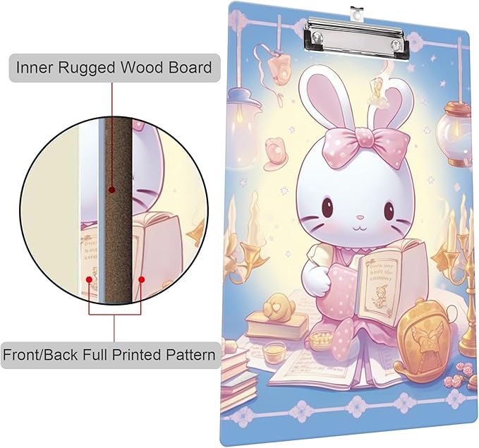 Fashion Clipboard, A4 Letter Size Wooden Decorative Clipboards for Teacher, Nurse, Doctor,Student and Kids, Cute Design for Standard Size 12.2" x 8.9"(C-Rabbit)