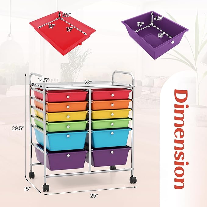 COSTWAY 12-Drawer Rolling Storage Cart, Moveable Art Craft Organizer W/Lockable Wheels, Metal Shelf, Files Arrangement Tools Makeup Storage Cart for Office, Home, School (Multi-Color)