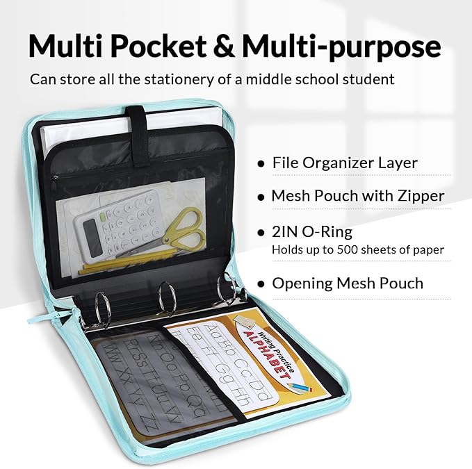 SUNEE Zippered Binder Bag with Handle, 2-Inch 3-Ring O-Ring, 500-Sheet Capacity, Includes Zip Pocket, 5-Tab Expanding File Folder, Multi-Pocket Organizer Binder for Middle School, Sky Blue