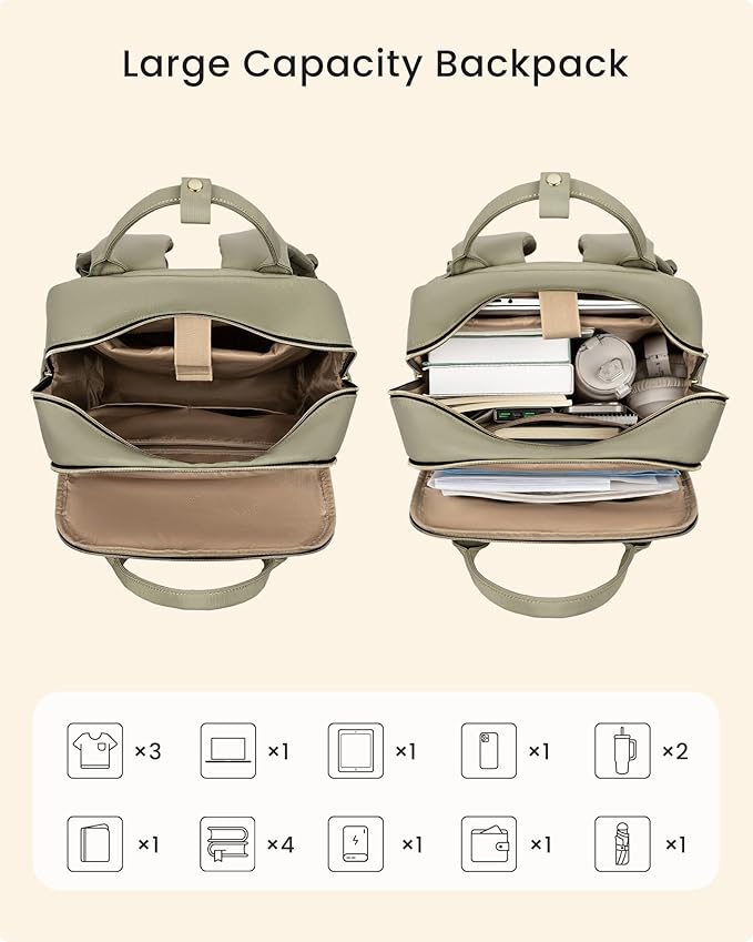 LOVEVOOK Laptop Backpack for Women with Giant Tumbler Holder Pocket, 15.6 inch Travel Work Backpack Purse for Teacher Nurse, Waterproof College Book Bag Cute Casual Daypack, Beige-Green