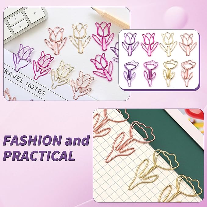 Hesena 100 Pcs Cute Flower Shaped Paper Clips Set, 50 Pcs Floral & 50 Pcs Tulip Shaped Shape Paper Clipss, for Office and Home (Flower Shaped)