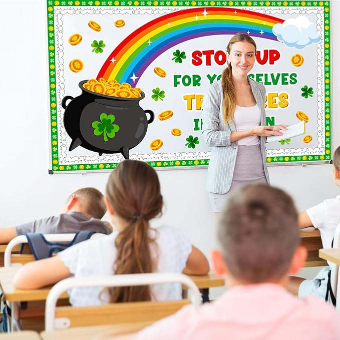 St. Patrick's Day Bulletin Board Decoration Set, March Religious Classroom Decorations Lucky Charms Shamrock Rainbow Pot of Gold Cutouts Irish Holiday Library School Home Window Door Decor for Teacher