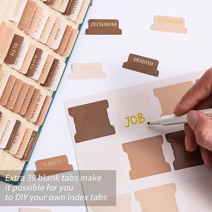 Muted Brown Bible Tabs, 105 Pcs Morandi Earth Tone Gold Foil Index Tabs with Ruler - 66 Books & 39 Blank DIY, Bible Journaling Study Supplies for Men Women, Aesthetic Bible Accessories Christian Gift