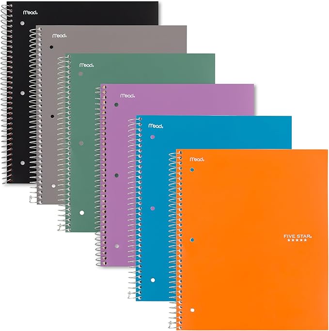 Five Star Spiral Notebook + Study App, 6 Pack, 1 Subject, Graph Ruled Paper, 8-1/2" x 11", 100 Sheets, Fights Ink Bleed, Water Resistant Cover, Assorted Colors (73549)