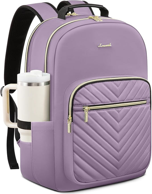 LOVEVOOK Laptop Backpack for Women with Giant Tumbler Holder 15.6 inch,Designer Travel Backpack Laptop Bag College Backpack,Quilted Work Nurse Teacher Backpack Purse Computer Bag Daypack,Taro Purple