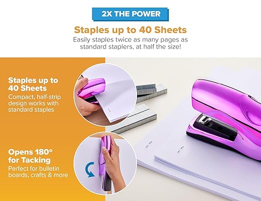 Bostitch Office Heavy Duty 40 Sheet Stapler with 1250 Staples & Claw Remover, Small Stapler Size, Fits into The Palm of Your Hand, Value Pack, Metallic Purple (B175-PURPLEM-VP)