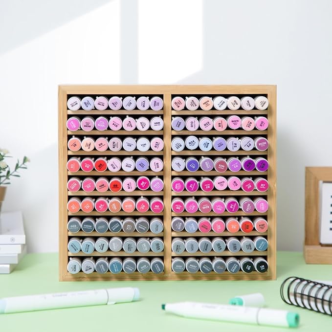 Ohuhu Bamboo Marker Organizer, Wooden Desktop Storage Hold 126 Markers, Pens, Pencils, Art Brushes Stationary Organizer Pencil Holder with 18 Compartments for Home, Classroom, Office Decor