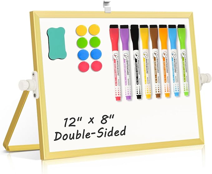 Magnetic Dry Erase White Board, 12" x 8" Double-Sided Golden Aluminum Frame Desktop Whiteboard with Stand, Portable Small Whiteboard Set for Drawing, Office, Home, School