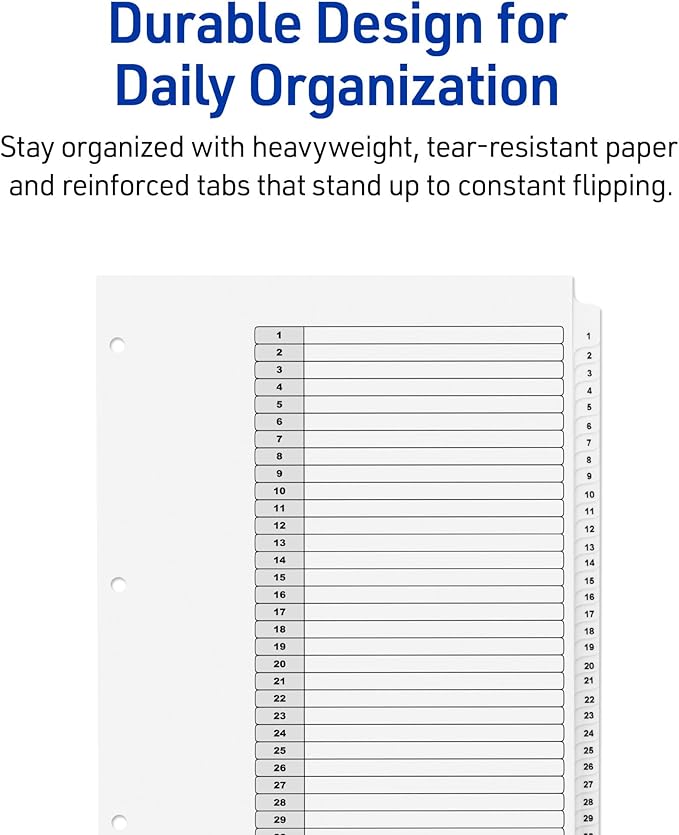 Avery 1-31 Dividers for 3 Ring Binders, 31 Tabs per Set, Customizable Table of Contents, Classic White Tabs, Great for Organizing Reports, Projects, and More (11128)