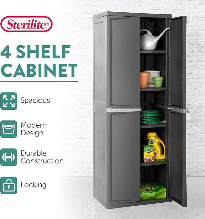 Sterilite 5 Shelf Plastic Storage Unit Bundled with Easy to Assemble Storage Cabinet for Garage, Pantry & Kitchen Organization, 4 Shelves, Gray
