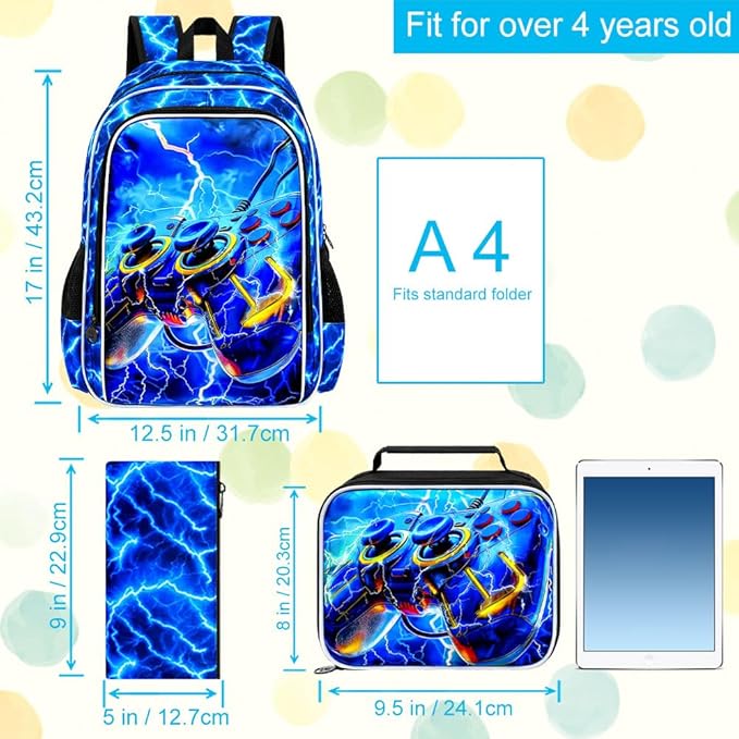 KLFVB 3PCS School Backpack for Kids, 17" Boys Game Bookbag and Lunch Box, Water Resistant Teenagers Backpacks for Middle Elementary - Lightning Game
