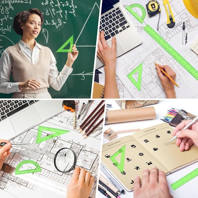 Plastic Clear Ruler Math Set, 6" | 12" Straight Ruler Protractor, 2 Protractors 180 Degree 2 Triangle Rulers 45 | 60 Degree 2 Straight Rulers Measuring Tool for School Office Home Supplie,Green