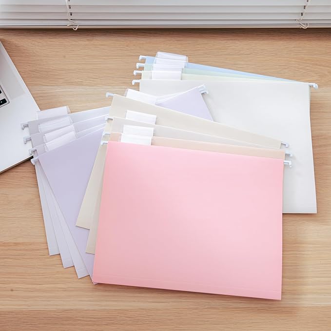 Y YOMA 24 Pack Colored Hanging File Folders Letter Size Decorative Hanging Folder Cute Pretty File Folder for Filing Cabinet Drawer Office Home with 1/5-Cut Adjustable Tabs, Soft Color