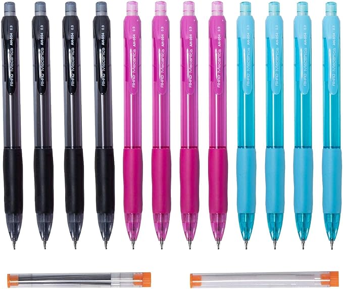AIHAO Mechanical Pencil 0.9, Thick Point, HB lead pencils with refills and cap erasers, Comfort Grip, Assorted Barrel Colors, 12 Pack