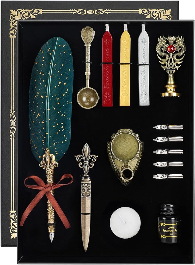 Quill Pen and Ink Set - Feather Calligraphy Dip Pen with Wax Seal Stamp Kit and 5 Nibs (Dark Green)