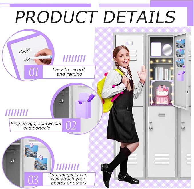 Patelai 11 Pcs Locker Accessories Kit Included Locker Shelf Magnetic Mirror Pen Holder Whiteboard Marker Faux Fur Rug Light String and Magnet for Back to School Essentials (Purple)
