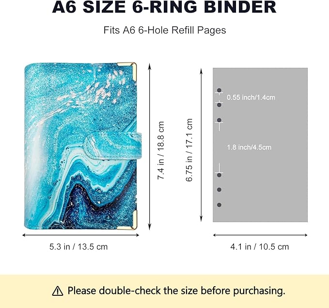 A6 Refillable 6 Ring Faux Leather Budget Binder,Mini Notebook Binder Cover for A6 Filler Paper,Loose Leaf Personal Planner Cover with Magnetic Buckle Closure (Marble Blue)