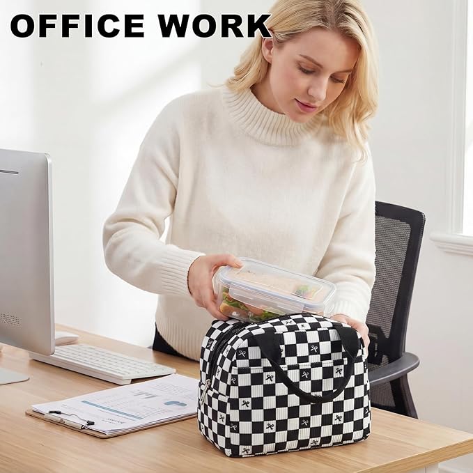 LEDAOU Lunch Box for Women Insulated Lunch Bag Corduroy Lunch Tote Bags Leakproof Cooler Lunch Case for Travel Work Picnic (Black Checkered Bow)