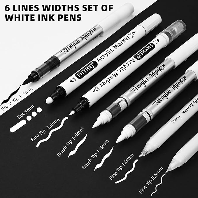 White Gel Pens Set of 7 – white Ink pen Dual-Tip Acrylic Paint Pen Brush Tip Acrylic Markers for Black Paper Drawing, Sketching, Illustration, Card Making