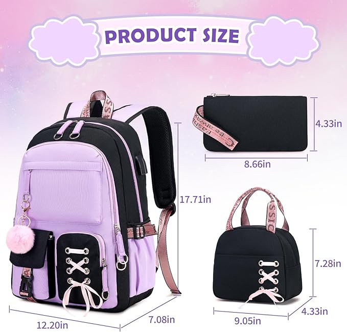 Backpacks for Girls, Girls Backpack with Lunch Box and Pencil Case for Teen Kids Elementary Middle High School College Student, Children School Backpack Bookbag with USB Charging Port (Purple)