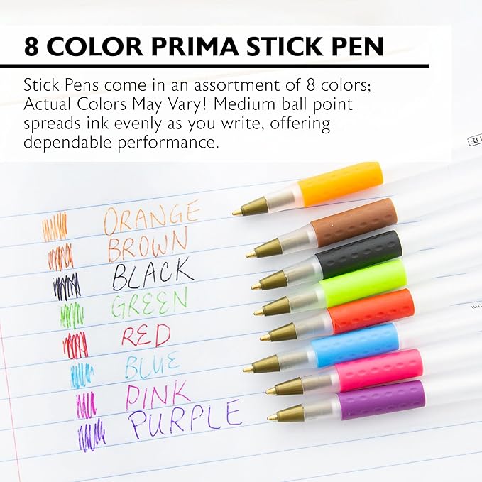 BAZIC Products Ballpoint Pen Prima 8 Color Stick Pens, Soft Grip 1.0 mm Bold Point Smooth Writing, for Office School Teacher (8/Pack), 24-Pack