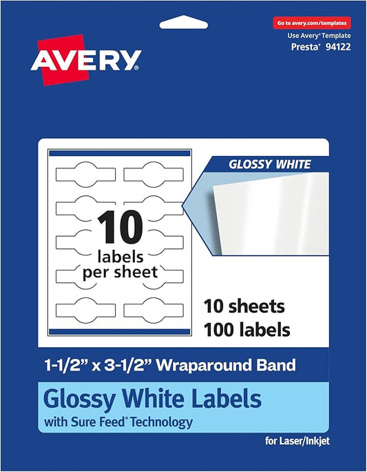 Avery Glossy White Wraparound Band Labels, Sure Feed Technology, 1.5" x 3.5", Cigar Band Labels, 100 Total, Print-to-The-Edge, Permanent Adhesive, Laser/Inkjet Printable