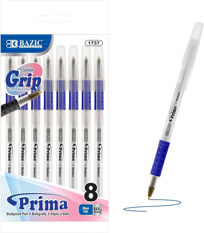 BAZIC 1737 Prima Blue Stick Pen w/Cushion Grip (8/Pack)