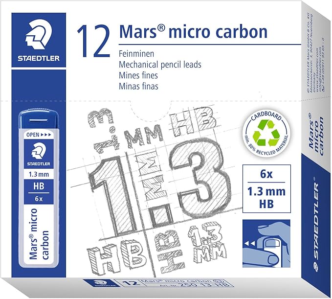 Staedtler Mars Micro Carbon Mechanical Pencil Refills, Tube of 6 1.3mm, Pack of 12 Tubes, HB Thick Graphite Leads, 250 13-HB