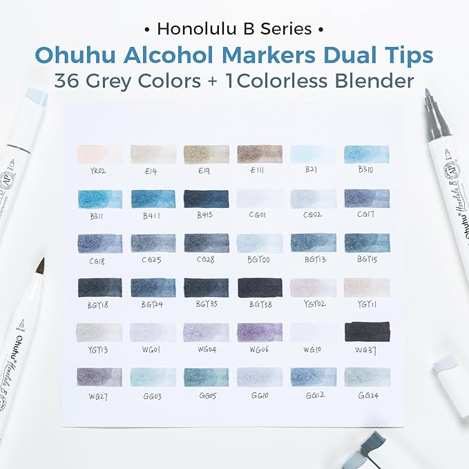 Ohuhu Alcohol Markers Brush Tip Grey-tone - Double Tipped Alcohol Based Art Marker Set for Artist Adults' Coloring Illustration Shading - 36 Grayscale Colors w/ 1 Blender - Fine & Brush - Honolulu B