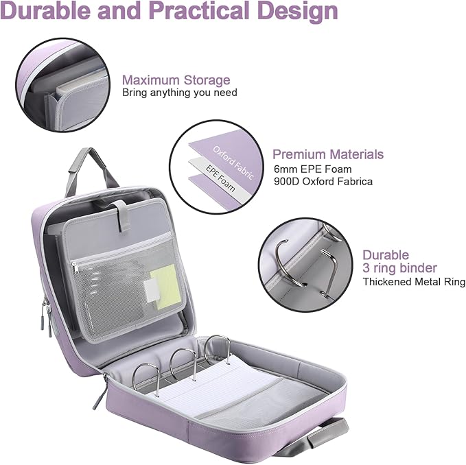 3 Ring Zipper Binder 3 Inch D-Ring, Binder with Strap 700 Sheet Capacity & Multi-Pockets School and Office Organizer, Compatible with 13-Inch MacBook (Patent Design Purple)