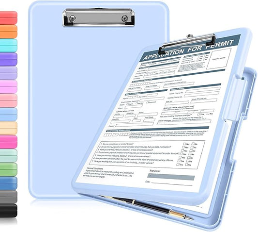 ANZNKU Clipboard with Storage 13x9.6 inches, Storage Clip Board Heavy Duty, Plastic Clipboard with Side Opening, Nursing Clip Board Foldable, Letter Size Smooth Writing for Work, Study(Light Blue)