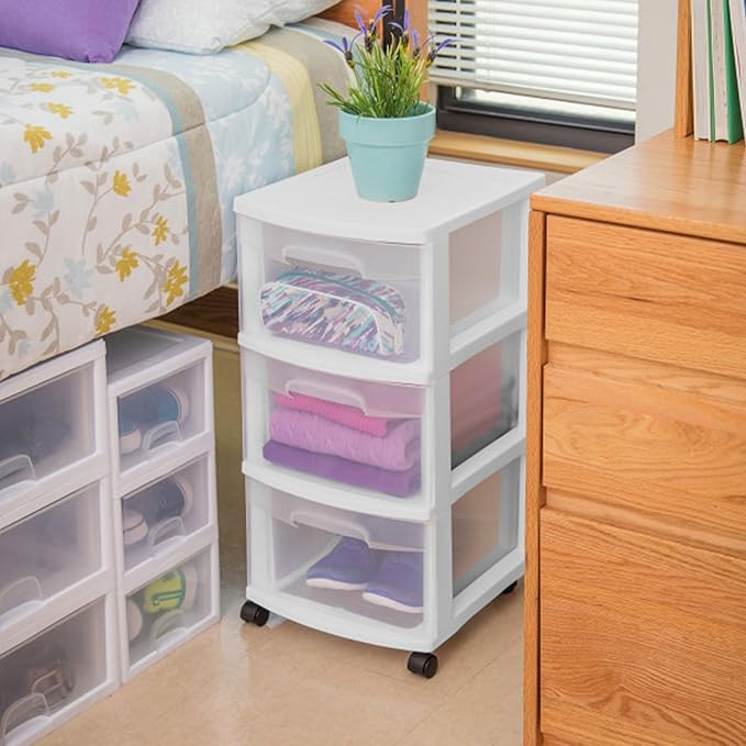 Sterilite 6 Pack Plastic Storage Organizer, 3 Drawer Rolling Bin Cart, Closet Organization, White