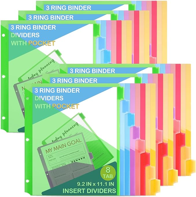48 Count Binder Dividers with Pockets, 8 Tab Plastic Dividers for 3 Ring Binders School Office Document Indexing and Protection, Multicolor, 6 Sets