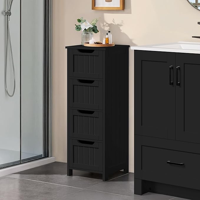 Yaheetech Bathroom Floor Cabinet, Wooden Side Storage Organizer, 4 Drawers Free-Standing Cabinet for Bathroom/Hallway/Living Room, Black
