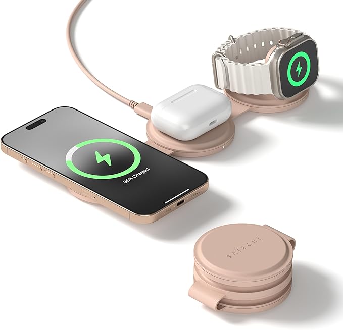 Satechi OntheGo™ 3 in 1 Wireless Charger, Qi2 Portable Charger with 15W Fast Charging for iPhone 17 to 12 series, 5W for Apple Watch, and 5W for AirPods, Magnetic Travel Charging Station – Desert Rose