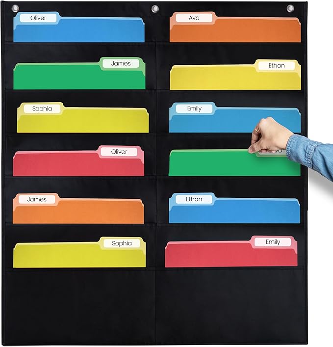 Essex Wares - 12 Pocket File Pocket Chart, Black, 14" Wide x 55" Tall - Versatile Wall Hanging File Folder Organizer for Classroom, Office, Home, and More - Wall Folder Organizer - 12 Pockets