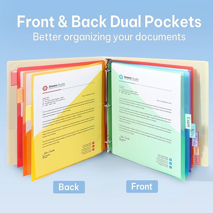 SUNEE 8 Tab Dividers with Pockets, Plastic Dividers for 3 Ring Binder, Subject Dividers with 2 Pockets, Binder Dividers for School Office Home Supplies, Multicolor, 2 Set
