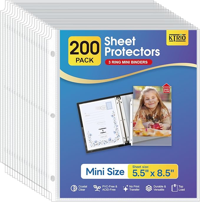 KTRIO Heavyweight Sheet Protectors 5.5 x 8.5 inch, Clear Page Protector for Mini 3 Ring Binder, Plastic Sleeves for Binders, Top Loading Paper Sheets Sleeve Letter Size, Office & Home, 200 Pack